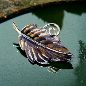 Vintage Signed B.S.K Hand Painted AB Bronze and Indigo Rhinestone Leaf Brooch